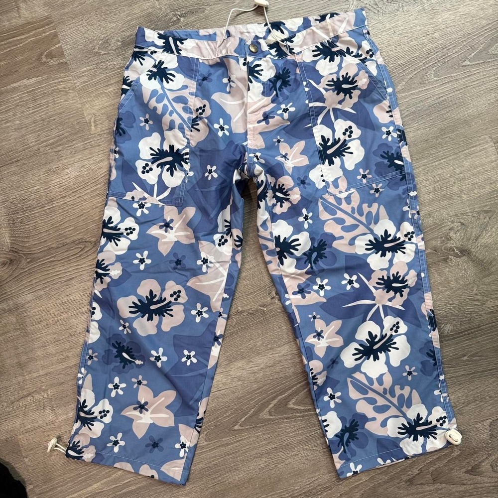 Suncoast Blue Floral Capri Pants Summer Tropical Hibiscus Drawstring Size 40